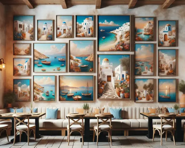 Un mur orné de peintures représentant des villages grecs pittoresques, des bateaux et des paysages marins. Ce tableau américain transporte dans une ambiance méditerranéenne.
