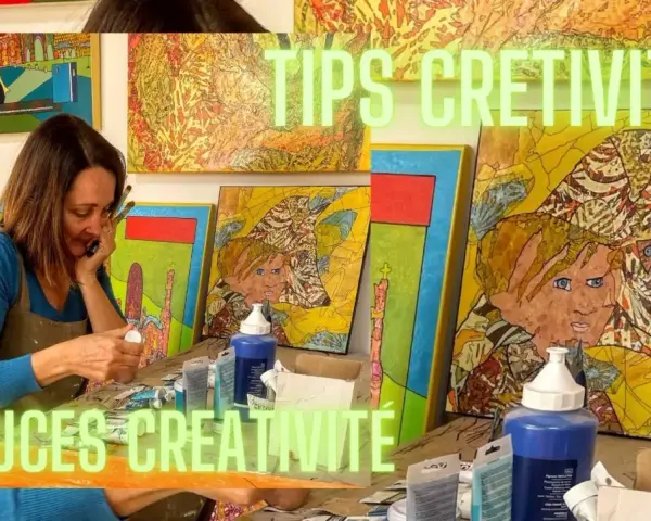Une artiste partage ses astuces créativité dans son atelier, entourée de ses œuvres colorées.