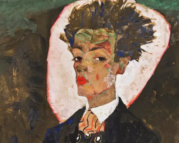 Portrait expressif d'un homme aux cheveux ébouriffés, par le peintre Schiele. Son visage est marqué par des couleurs vives et une touche de rouge à lèvres.