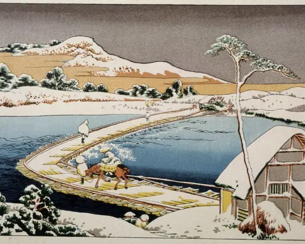 Paysage hivernal d'un peintre japonais connu. Un pont en bois traverse une rivière gelée, avec des personnages et un cerf. Une maison enneigée à droite.