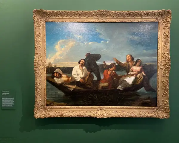 Gustave Courbet dépeint des voyageurs sur une barque, sous un ciel nuageux. L'un d'eux semble endormi, tandis que les autres conversent.