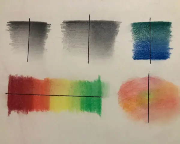 Dessin estompe montrant des dégradés de gris, bleu-vert, arc-en-ciel et rose-orange.