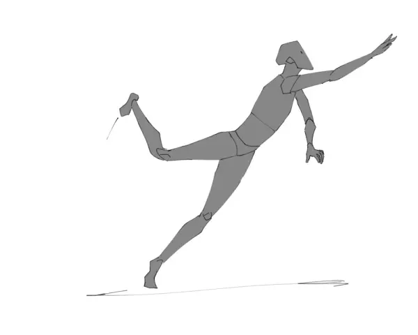 Esquisse d'une silhouette grise en mouvement, bras tendus, jambe levée, parfait pour un dessin à faire sur une toile.