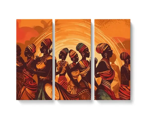 Ce tableau ethnique représente des femmes africaines stylisées dans des tenues colorées, dansant sous un soleil rayonnant.