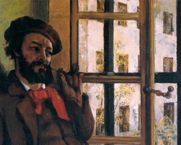 Un homme à la barbe noire, portant un béret et une écharpe rouge, fume une pipe près d'une fenêtre. Une peinture réaliste moderne.
