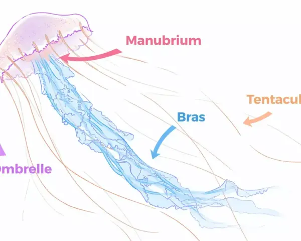 Dessin d'une méduse avec ses parties étiquetées : ombrelle, manubrium, bras et tentacules.