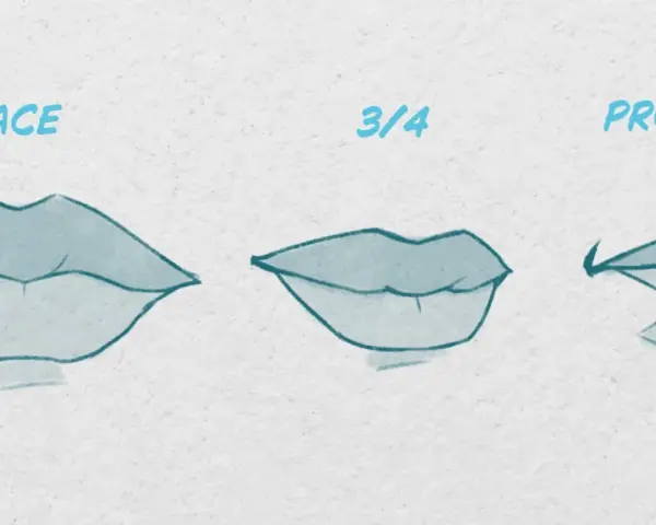 Trois vues d'une bouche dessin réaliste : de face, de trois-quarts et de profil.