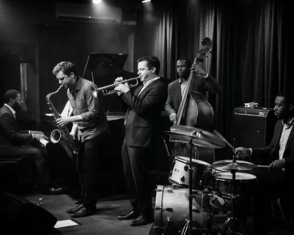Un tableau musique noir et blanc d'un groupe de jazz jouant dans un club sombre. Un pianiste, un saxophoniste, un trompettiste, un contrebassiste et un batteur sont présents.