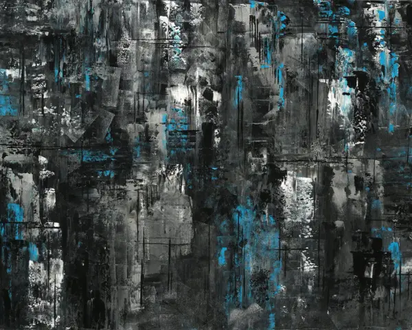 Tableau abstrait noir et bleu avec des textures et des coups de pinceau visibles.