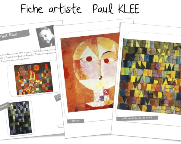 Fiche artiste Paul KLEE présentant des œuvres abstraites et géométriques, dont "Senecio" et "Jadis surgit du gris de la nuit".