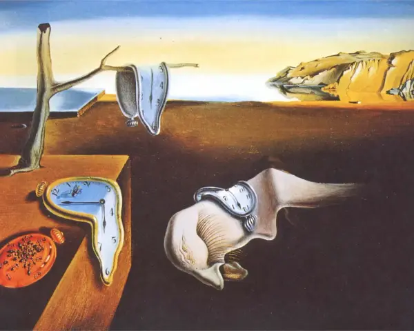 La Persistance de la mémoire, célèbre peinture de Salvador Dalí, montre des montres molles se fondant dans un paysage surréaliste.