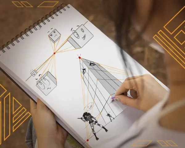 Un croquis de **tableau perspective** montre des cubes avec des visages expressifs et des lignes de fuite, une main dessinant des formes géométriques.