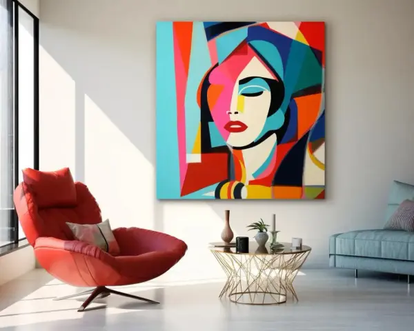 Un tableau vertical abstrait aux couleurs vives représente un visage féminin stylisé. Une chaise rouge audacieuse complète la scène.