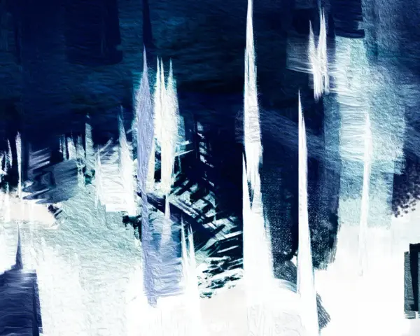 Tableau bleu et blanc évoquant des stalactites ou des gratte-ciel abstraits, avec des coups de pinceau texturés et dynamiques.