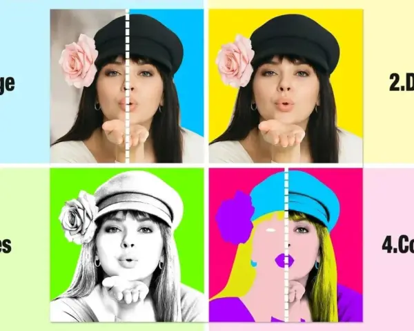 Portrait d'une femme soufflant un baiser, décliné à la manière d'Andy Warhol en quatre étapes : cadrage, détourage, ombres et colorisation pop.