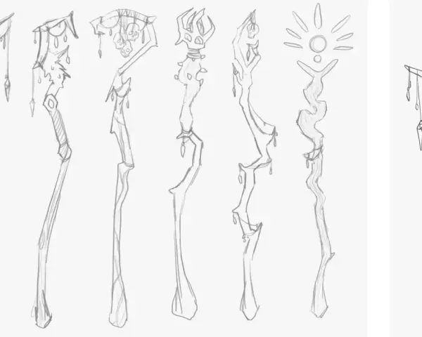 Divers croquis de bâtons magiques, certains ornés de crânes et de pendentifs, d'autres avec des formes organiques ou solaires. L'artiste explore différentes idées pour faire des croquis.
