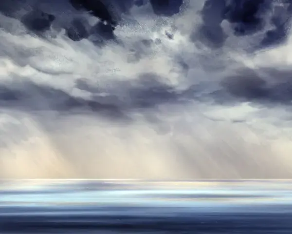 Peindre un ciel d'orage à l'acrylique. Nuages sombres et lumineux, rayons de soleil perçant, sur une mer calme aux reflets bleus et blancs.