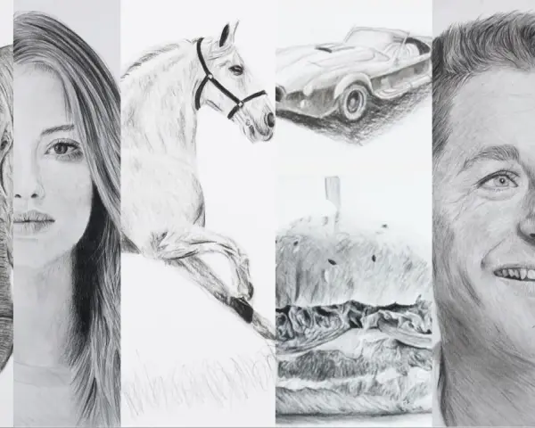 Un collage de dessins réalistes : un éléphant, une femme, un cheval, une voiture, un hamburger, un homme et un chien.