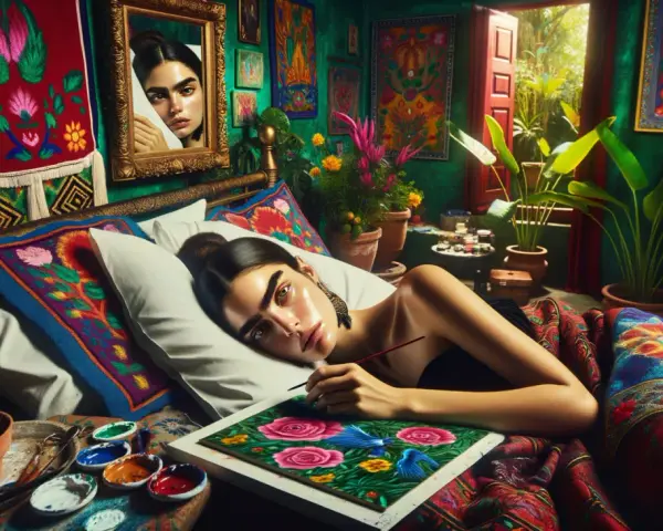Un autoportrait de Frida Kahlo, peignant des fleurs et des oiseaux dans une chambre vibrante et colorée, inspirée de son style.