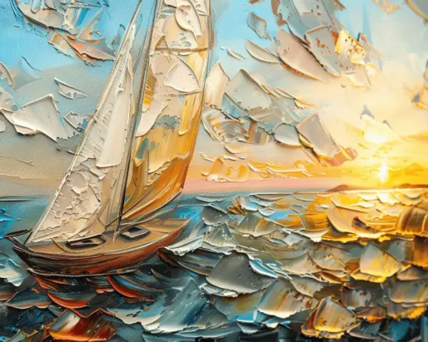 Un tableau voilier contemporain, texture épaisse, naviguant sur une mer agitée sous un ciel lumineux au coucher du soleil.