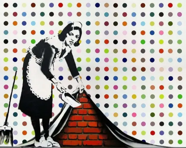 Une femme de ménage, dans le style technique Banksy, soulève un tapis à pois colorés pour révéler un mur de briques.