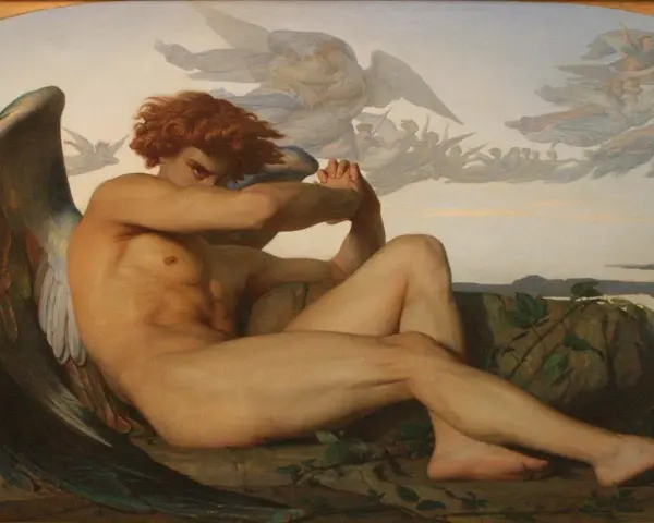 L'ange déchu de Cabanel, un être ailé aux cheveux roux, contemple son exil tandis que d'autres anges s'envolent au loin.
