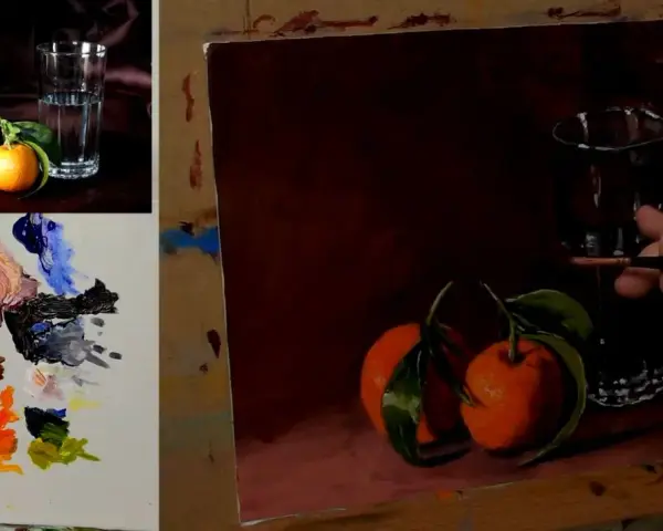 Dessin peinture acrylique : un verre d'eau et des clémentines sur une table, palette de couleurs à gauche.