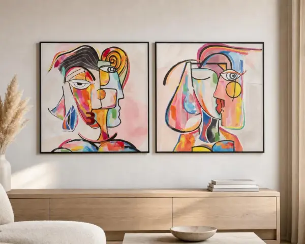 Deux tableaux abstraits multicolores contemporains représentent des visages cubistes aux formes audacieuses et aux couleurs vives.