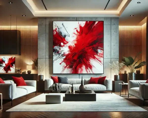 Un salon moderne avec un grand tableau rouge abstrait au-dessus d'un canapé gris. Des coussins rouges accentuent l'ensemble.