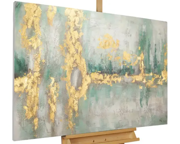 Tableau peinture acrylique facile à faire, avec des touches d'or sur fond vert et gris. Une œuvre abstraite qui évoque la nature.