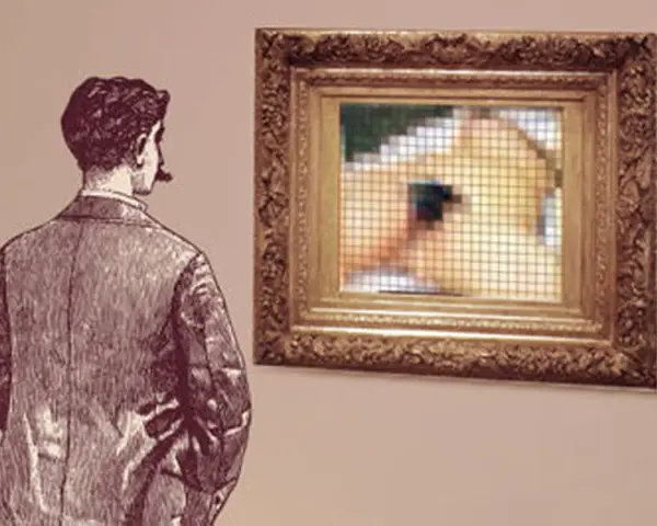 Un homme contemple un tableau pixelisé, une évocation de l'origine du monde.