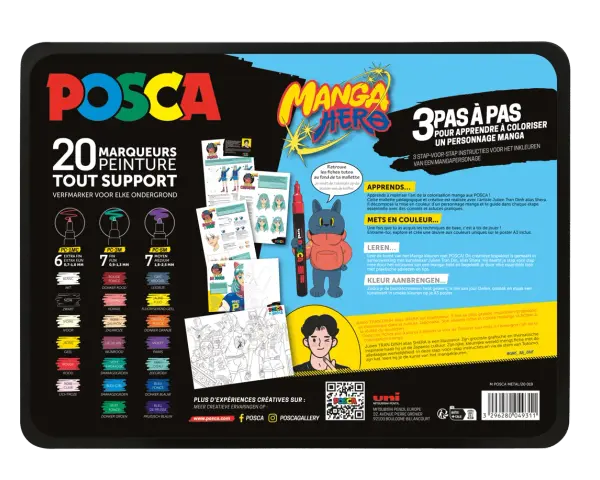 Mallette Posca pour apprendre à coloriser des personnages manga. Contient 20 marqueurs, des fiches tutos et un poster. Posca, c'est quoi ? Des feutres créatifs pour tous supports.