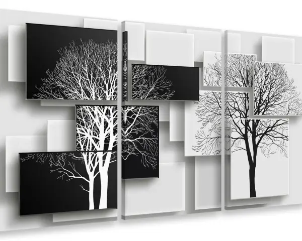 Tableau panoramique noir et blanc composé de plusieurs panneaux représentant des arbres stylisés aux branches fines, créant un jeu d'ombres et de lumières.
