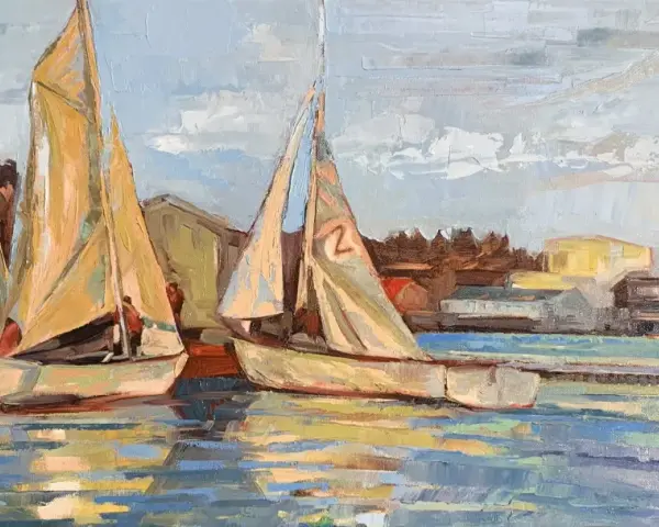 Peinture de voiliers au couteau, reflets dans l'eau, bateaux et bâtiments en arrière-plan.