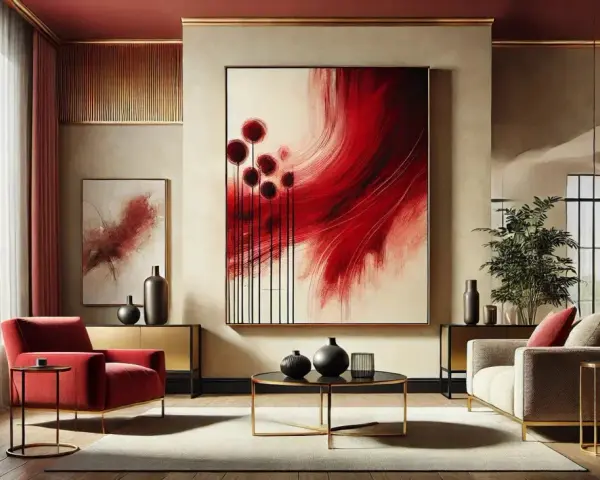Un salon moderne avec un grand tableau abstrait rouge vibrant, des fauteuils rouges et un canapé beige.