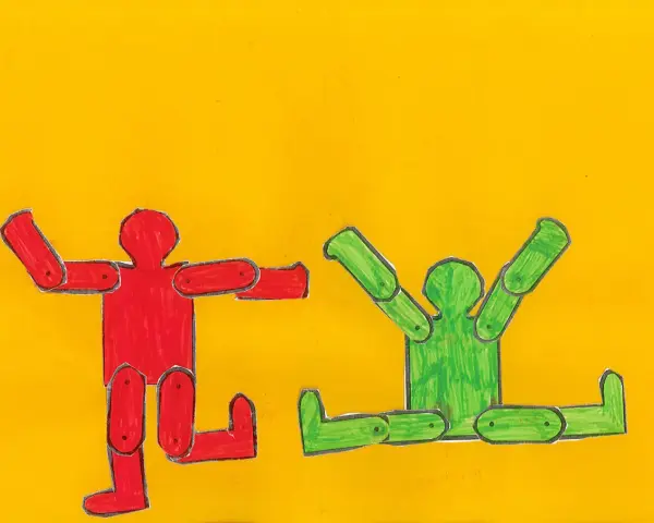 Deux bonhommes articulés, un rouge et un vert, dansent sur fond jaune, évoquant l'énergie joyeuse de Keith Haring.