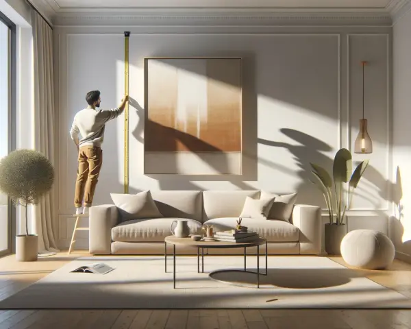 Un homme mesure la hauteur d'un grand tableau beige dans un salon lumineux.