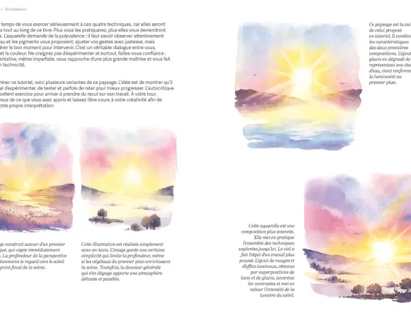 Aquarelle d'un paysage au soleil levant, montrant comment utiliser de l'aquarelle pour capturer la lumière et créer des atmosphères.