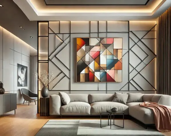 Un salon moderne avec un tableau panoramique abstrait aux formes géométriques colorées, un canapé gris et des lumières d'ambiance.
