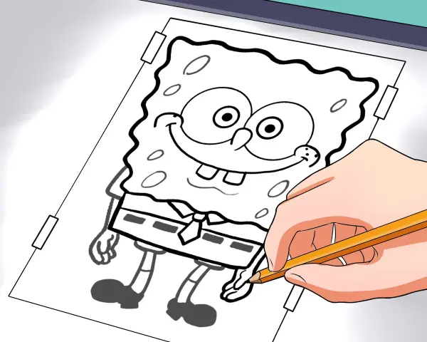 Une main tient un crayon pour apprendre comment décalquer avec du papier calque, traçant un dessin de Bob l'éponge.