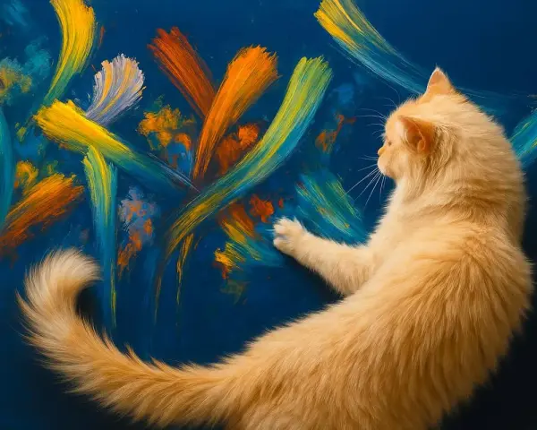 Un chat roux, artiste peintre, touche une toile abstraite aux couleurs vives.