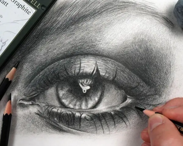 Un dessin d'œil réaliste au crayon graphite, avec des détails saisissants. L'artiste ajoute la touche finale à ce magnifique dessin oeil.