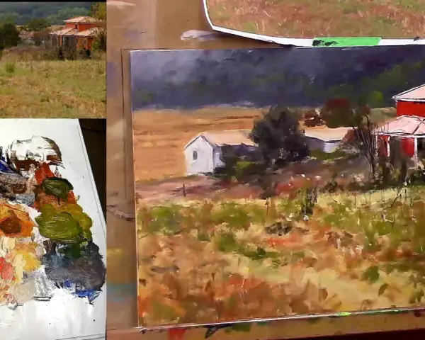 Tableaux de paysages à l'huile : une ferme rouge et une maison blanche dans un champ doré, avec une palette de couleurs vives.