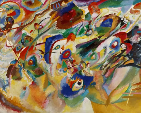 Composition VIII, une œuvre majeure de Vassily Kandinsky, explose en formes et couleurs vibrantes, évoquant une symphonie visuelle abstraite.