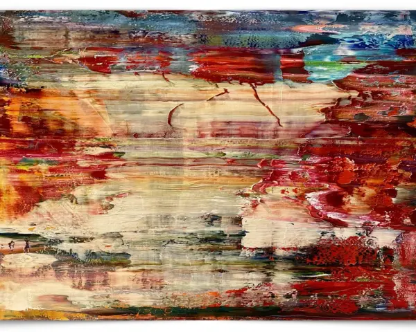 Abstraction vibrante aux tons rouges, blancs et bleus, évoquant une scène aquatique ou un paysage onirique, typique d'un peintre allemand contemporain.