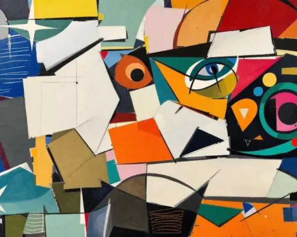 Un tableau Picasso facile, plein de formes géométriques vives et d'un œil bleu perçant.