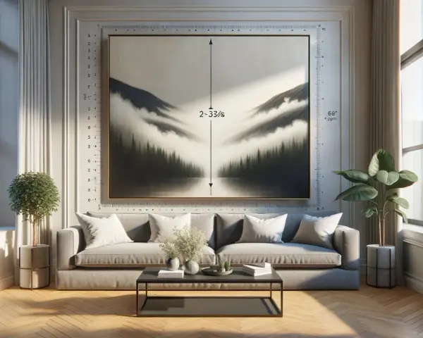 Un tableau sur verre panoramique d'une forêt brumeuse et de montagnes, suspendu au-dessus d'un canapé gris.