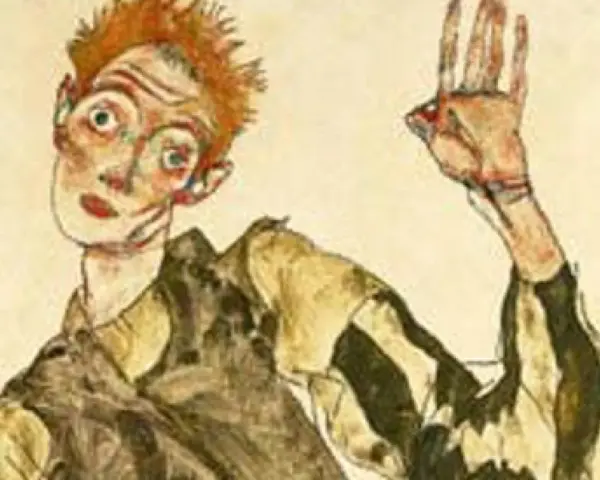 Autoportrait expressif d'Egon Schiele, le regard intense, la main levée dans un geste énigmatique.