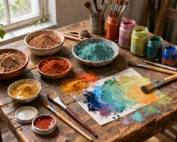 Pots de pigments colorés, pinceaux et palette de peinture sur un établi en bois. L'artiste peintre sur bois prépare ses couleurs.
