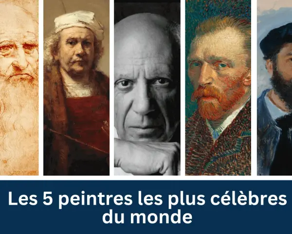 Portraits de cinq artistes peintres connus : Léonard de Vinci, Rembrandt, Picasso, Van Gogh et Monet.